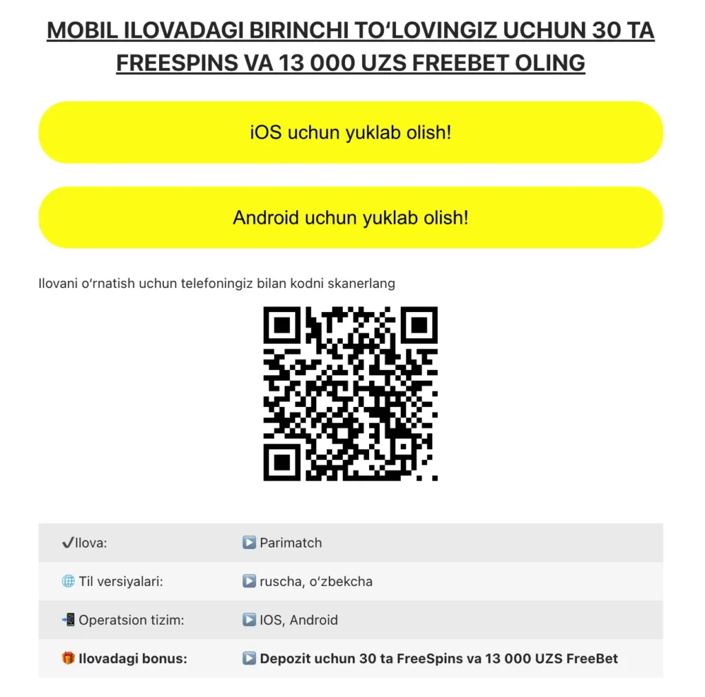 Parimatch Uzbekistan mobil ilova interfeysi (Android va iOS): kazino va sport tikishlari menyusi