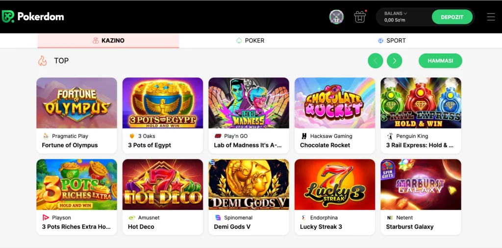 O‘zbek tilida Pokerdom Casino o‘yinlar lobbiysi skrinshoti, unda slotlar, poker va crash o‘yin toifalari ko‘rsatilgan