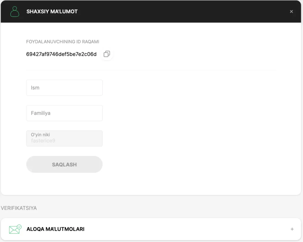 Shaxsni tasdiqlash uchun hujjat yuklash va shaxsiy ma’lumotlar maydonlari ko‘rsatilgan Pokerdom Oʻzbekiston KYC bo‘limi skrinshoti