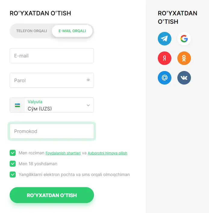 O‘zbek tilidagi Pokerdom ro‘yxatdan o‘tish formasining skrinshoti, unda telefon, elektron pochta va ijtimoiy tarmoqlar orqali ro‘yxatdan o‘tish variantlari ko‘rsatilgan