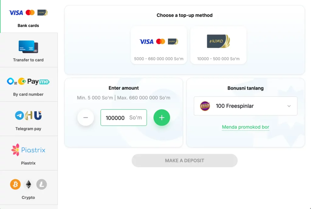 O‘zbekistonda Pokerdom to‘lov usullari skrinshoti, jumladan bank kartalari, HUMO va kriptovalyuta variantlari