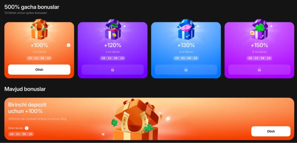 1Win Casino promo-sahifasi 4 depozit boʻyicha 600% xush kelibsiz bonusini taklif etadi.