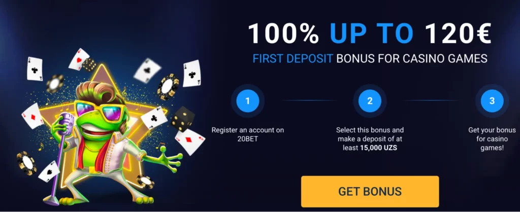 20Bet Casino xush kelibsiz bonusi 100% 120 yevrogacha.