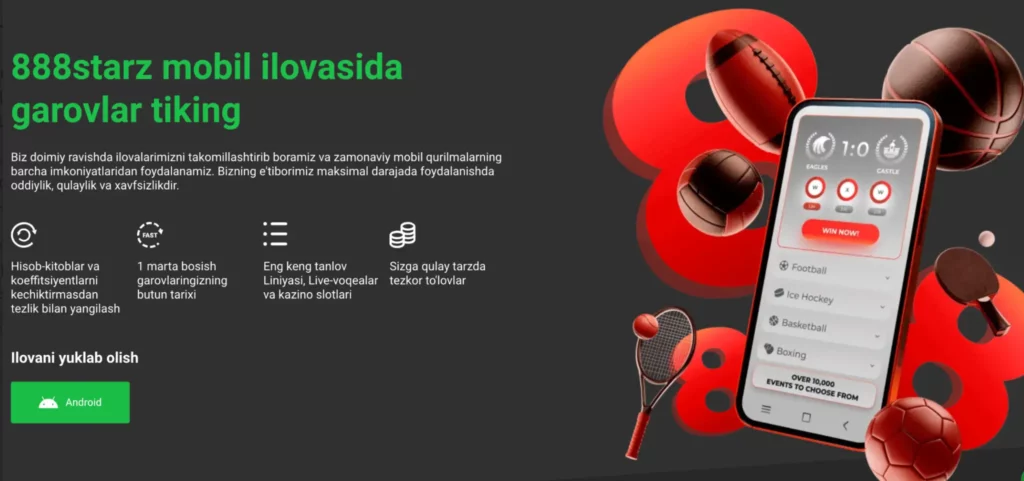 888Starz Uzbekistan Casino da Android apk yuklab olish ekrani.