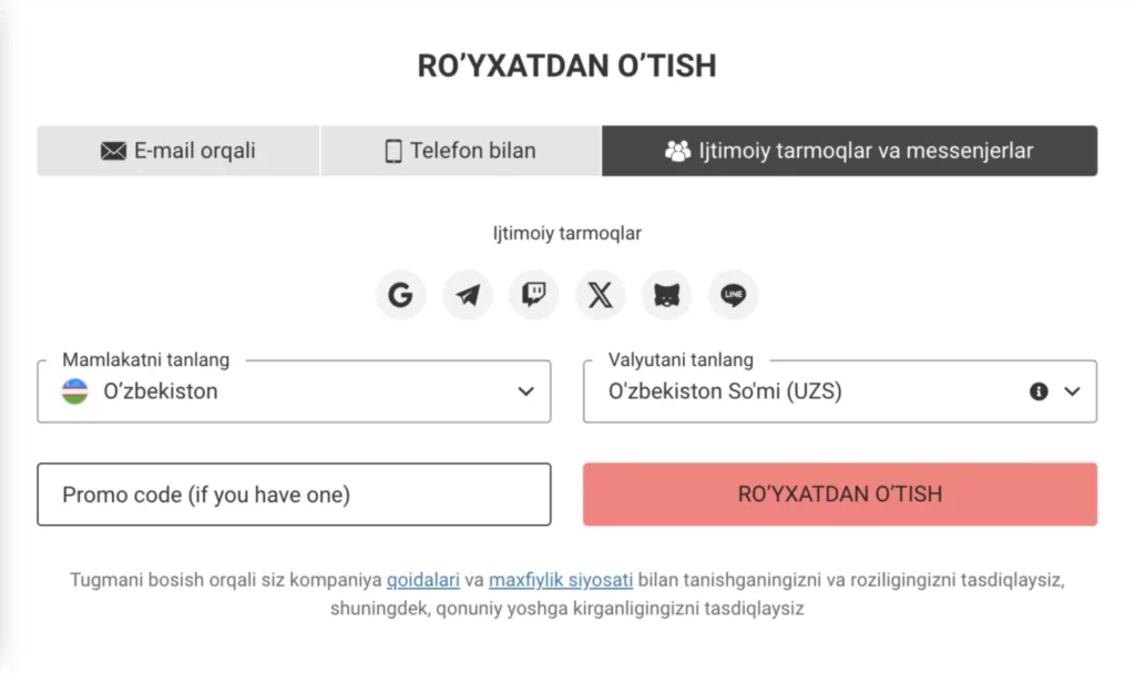 Tezkor ro‘yxatdan o‘tish opsiyalari – telefon, elektron pochta va ijtimoiy tarmoqlar orqali Kazino O‘zbekiston ro‘yxatdan o‘tish sahifasi.