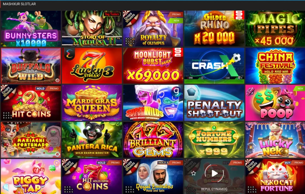 O‘liklar kitobi (Book of Dead) va Olympus darvozalari kabi eng yaxshi slotlarni o‘z ichiga olgan Kazino O‘zbekiston slot o‘yinlari.