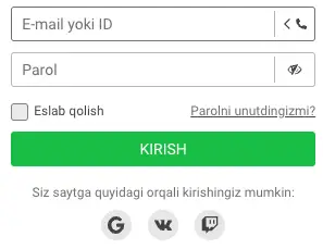 Elektron pochta, telefon va ijtimoiy tarmoqlarga kirish imkoniyatlari bilan Kazino O‘zbekiston kirish sahifasi.