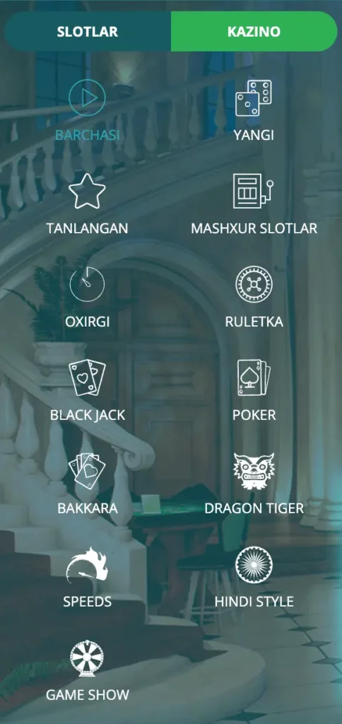 Slotlar, blackjack, ruletka va Aviator crash o‘yinlarini o‘z ichiga olgan Kazino O‘zbekiston o‘yin tanlovi.