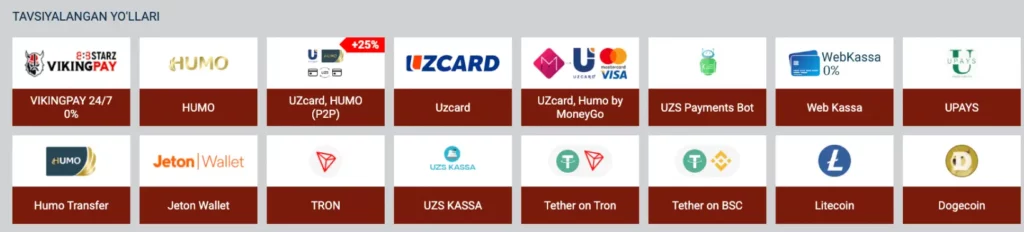 UzCard, Humo, PayMe va kriptovalyuta operatsiyalarini o‘z ichiga olgan Kazino O‘zbekiston to‘lov imkoniyatlari.