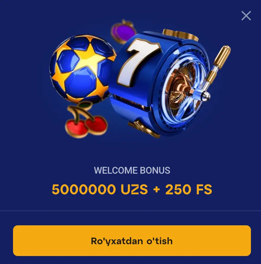 Olymp Casino Uzbekistan xush kelibsiz bonusi, 5 000 000 UZS moslashuvi va 250 bepul aylanishlar ko‘rsatilgan.