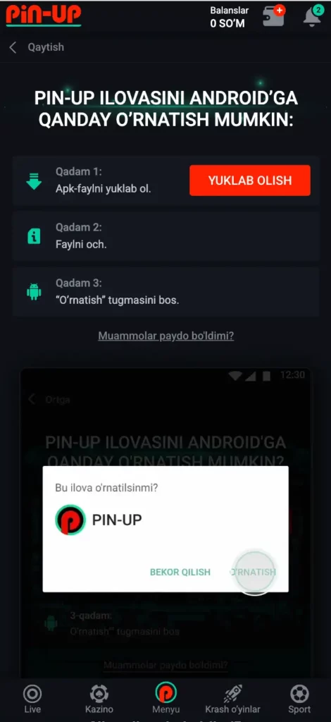 Mahalliy tilda ko‘rinib turgan yuklab olish tugmasi bilan Pin-Up Casino Android APK yuklab olish sahifasi