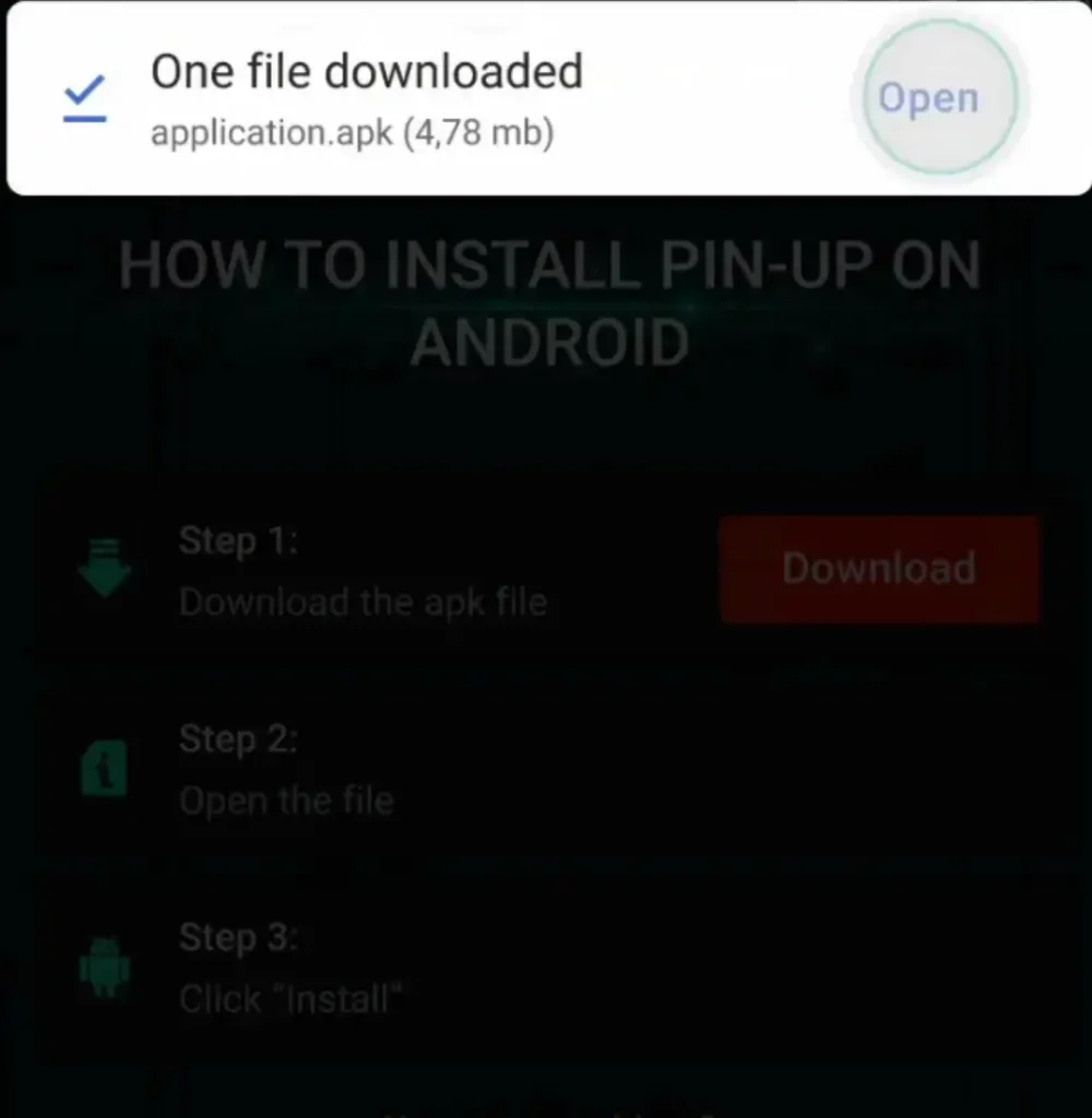 Brauzer tasdiqlaganidan so‘ng Android qurilmada PinUp APK faylini yuklab olish jarayoni