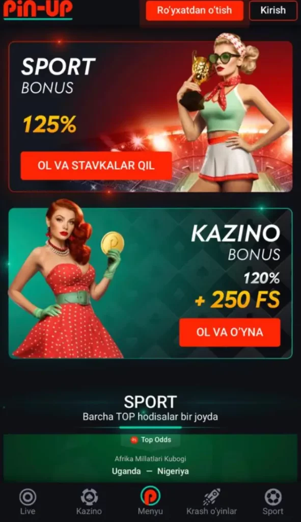 Ilovani o‘rnatmasdan crash o‘yinlari va sport tikishlariga kirish imkonini beruvchi Pin-Up Kazino mobil versiyasi o‘zbek tilida