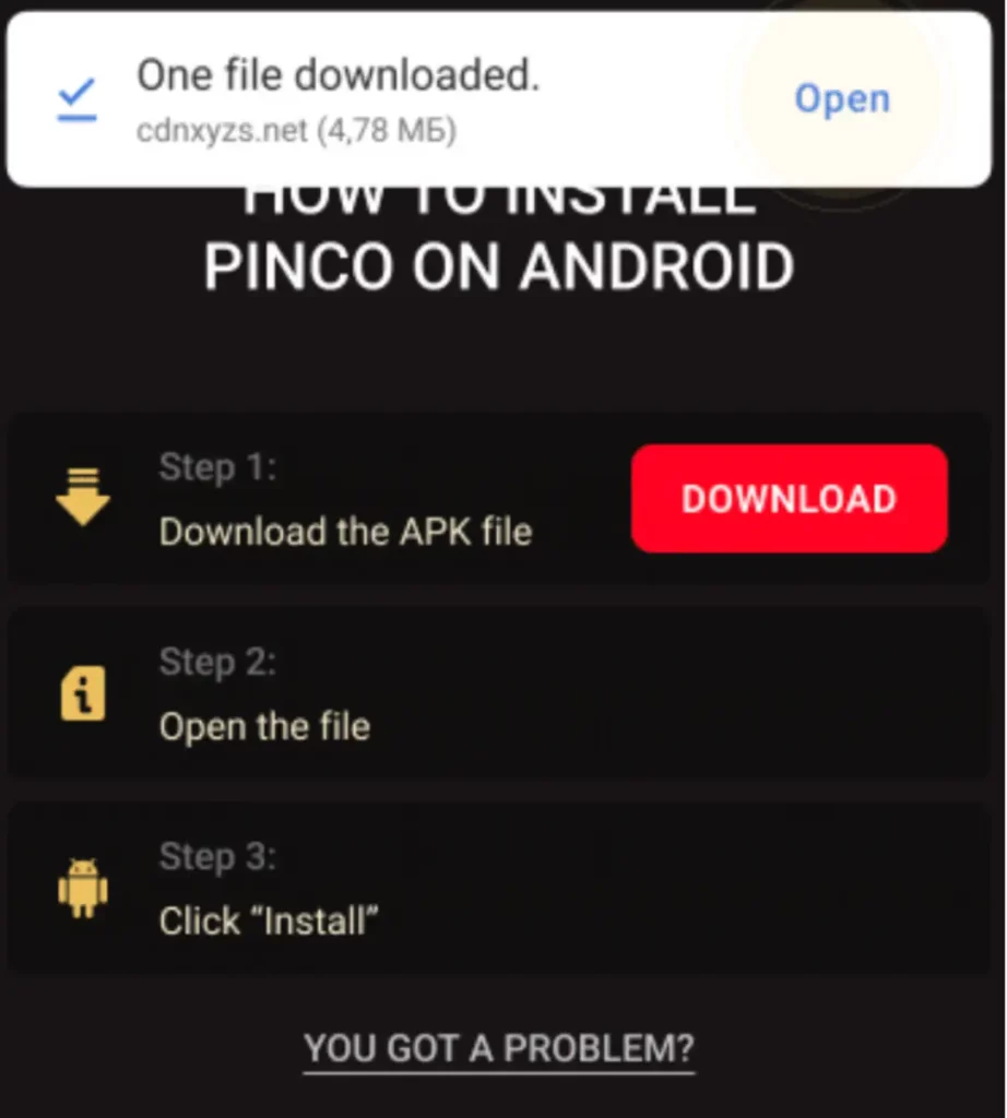 Androidda Pinco Casino mobil ilovasi uchun APK faylini yuklab olishni tasdiqlovchi tizim oynasi