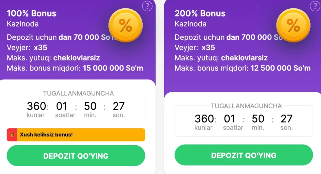 O‘zbek tilidagi Pokerdom kazino xush kelibsiz bonusi skrinshoti, 100%–200% bonus ko‘rsatilgan.