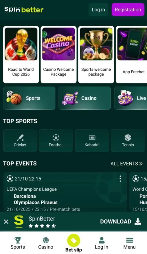 O‘zbekistonda kazino va crash o‘yinlariga kirish uchun Spinbetter mobil versiyasining smartfon ko‘rinishi.