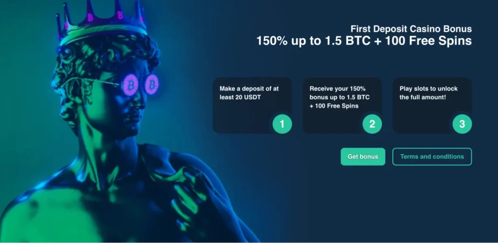 Vave xush kelibsiz bonusi skrinshoti, 1,5 BTC gacha va 100 bepul aylanishlar bilan.
