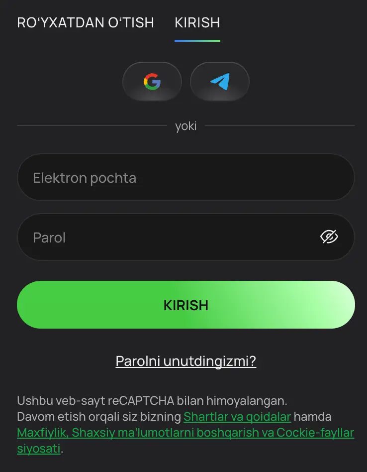 O‘zbek tilidagi Flagman O‘zbekiston login formasining skrinshoti, unda email, telefon va parol maydonlari ko‘rsatilgan.