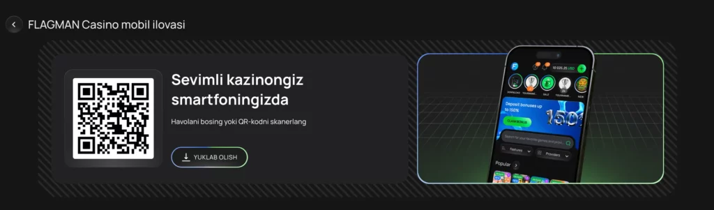Flagman O‘zbekiston mobil ilovasi interfeysi skrinshoti, unda kazino o‘yinlari, live kazino va sport bo‘limlari keltirilgan.