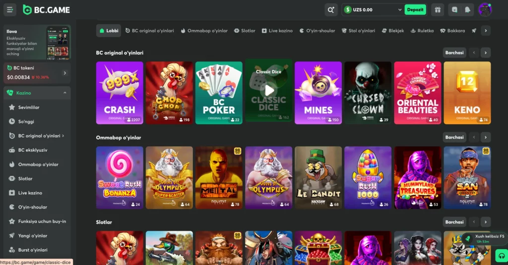 O‘zbekistonlik kazino o‘yinchilari uchun slotlar, blackjack, ruletka, baccarat va crash o‘yinlari mavjud BC.Game kazino o‘yinlari lobbisi skrinshoti