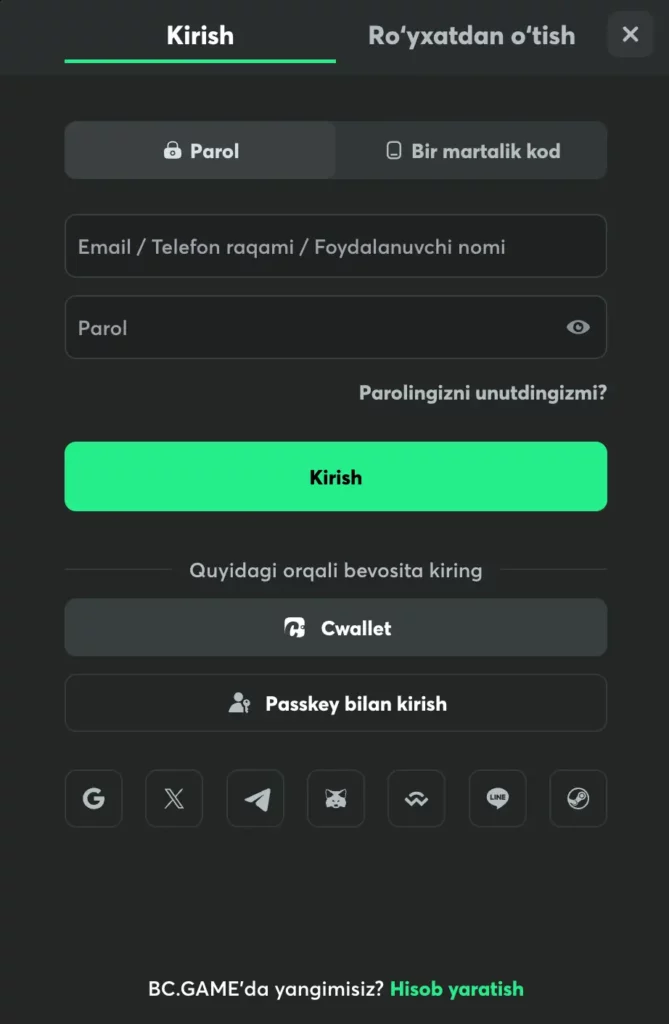 O‘zbekistondagi kazino o‘yinchilari uchun o‘zbek tilidagi BC.Game kirish shakli skrinshoti.