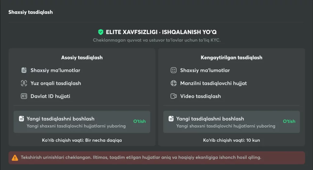 O‘zbekistondagi kazino o‘yinchilari uchun shaxsiy ma’lumotlar maydonlarini ko‘rsatuvchi BC.Game KYC tasdiqlash bo‘limi skrinshoti.