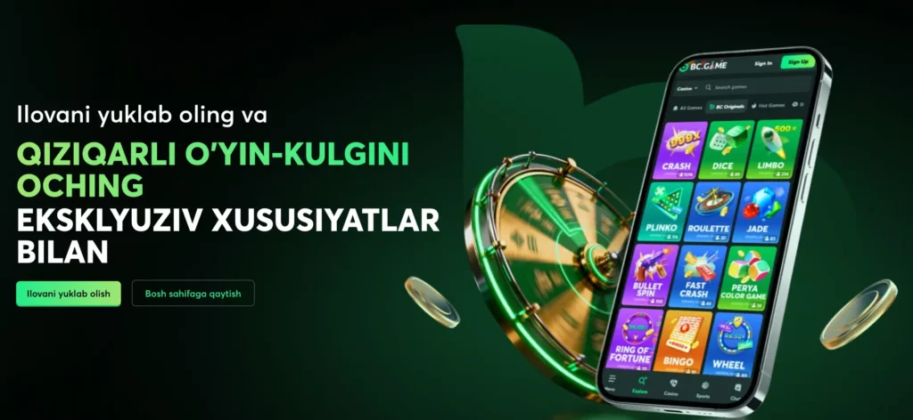 O‘zbekistonlik kazino o‘yinchilari uchun sportga tikish va kazino o‘yinlari mavjud BC.Game mobil kazino ilovasi skrinshoti.