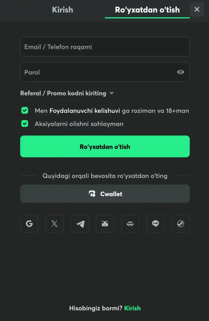 O‘zbekistondagi yangi kazino o‘yinchilari uchun o‘zbek tilidagi BC.Game ro‘yxatdan o‘tish shakli skrinshoti.