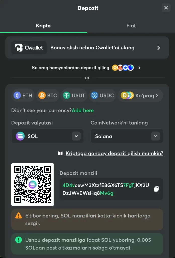 O‘zbekistondagi kazino o‘yinchilari uchun Uzcard, Humo, kripto va Visa variantlarini o‘z ichiga olgan BC.Game to‘lov usullari skrinshoti.