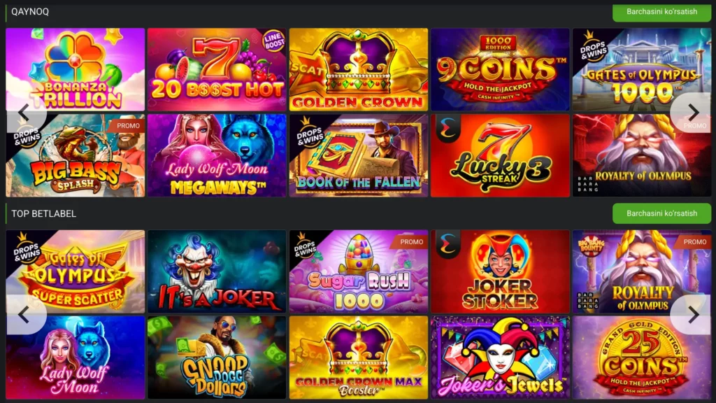 Slotlar, jonli kazino, blackjack va crash o‘yinlari aks etgan BetLabel kazino o‘yinlari lobbi skrinshoti.