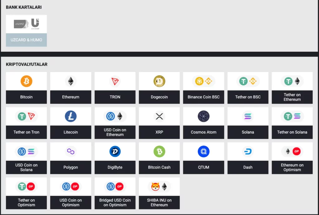 UZCARD, HUMO, Bitcoin va Tether depozit variantlari aks etgan BetLabel kazino to‘lov usullari skrinshoti.