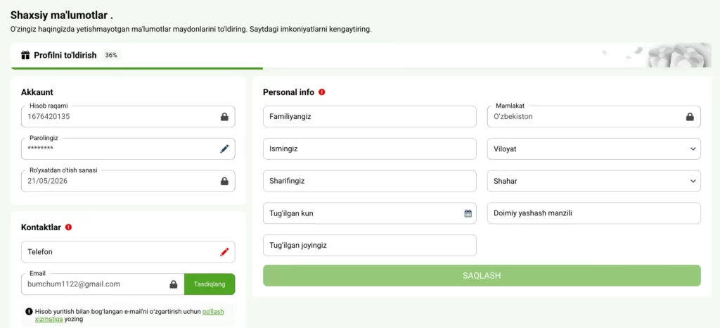 Shaxsiy ma’lumotlar va hujjat yuklash maydonlari aks etgan BetLabel KYC verifikatsiya bo‘limi skrinshoti.