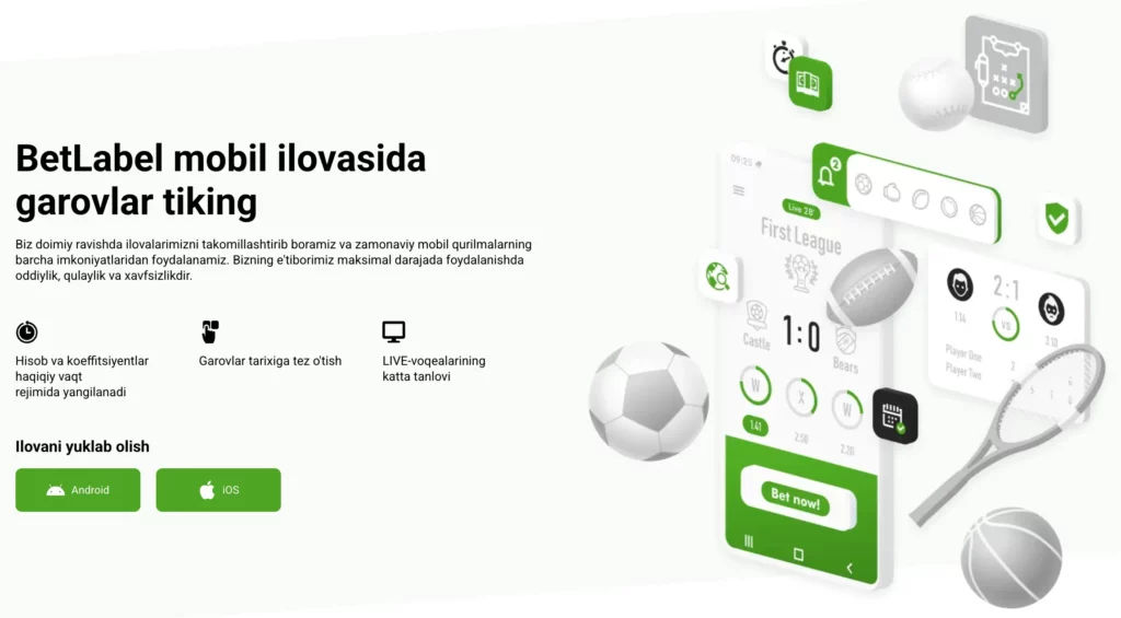 O‘zbekistonlik o‘yinchilar uchun jonli tikish va kazino o‘yinlari aks etgan BetLabel mobil kazino ilovasi skrinshoti.