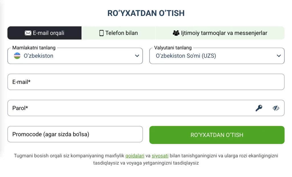 Elektron pochta manzili, telefon raqami va promo-kod maydonlari aks etgan BetLabel O‘zbekiston ro‘yxatdan o‘tish shakli skrinshoti.
