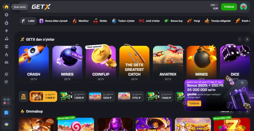 Slotlar, jonli blekjek, ruletka va crash o‘yinlari mavjud GetX O‘zbekiston kazino o‘yinlari lobbisi skrinshoti.