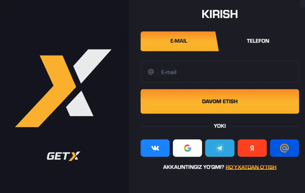 Elektron pochta va telefon raqami orqali avtorizatsiya usullari mavjud GetX O‘zbekiston login shakli skrinshoti.